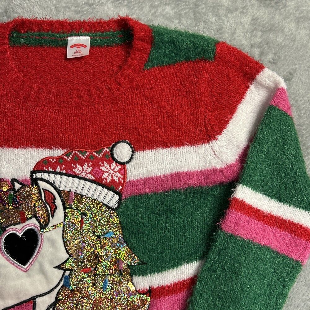 Holiday Time Girls Ugly Christmas Sweater Unicorn Sz. 10-12 Large Red/Green - Picture 3 of 12